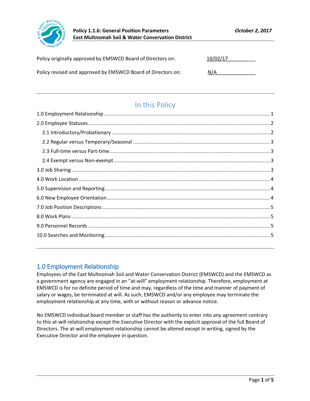 General Position Parameters October 2, 2017 East Multnomah Soil & Water Conservation District