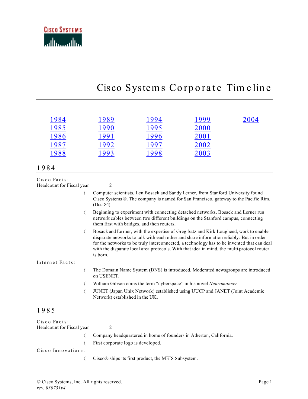 Cisco Systems Corporate Timeline