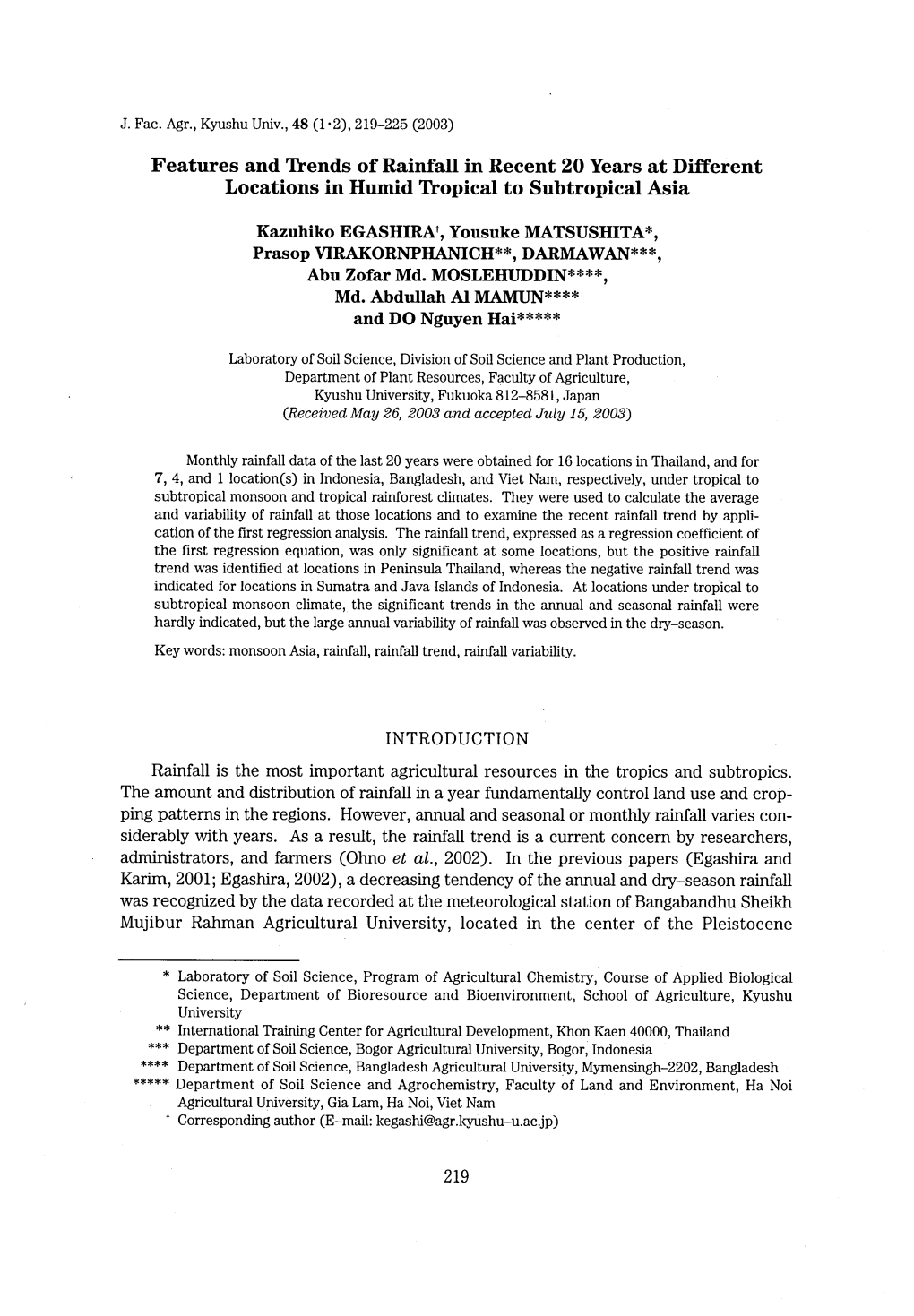 Features and Taends of Rainfall in Recent 20 Years at Different Locations in Hulnid Taopical to Subtropical Asia