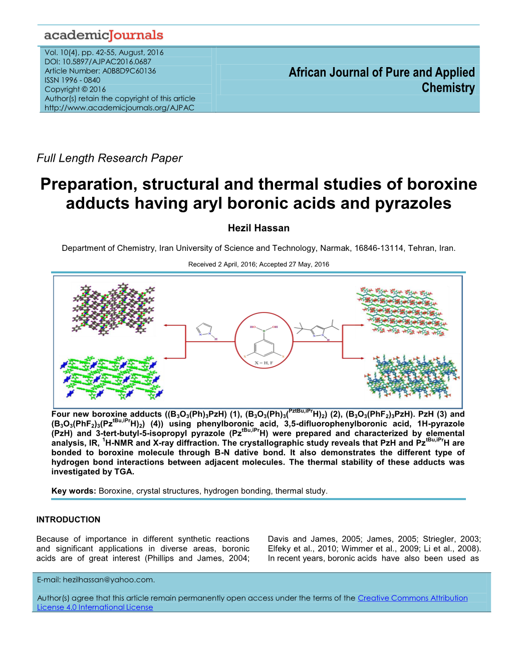 Preparation, Structural and Thermal Studies of Boroxine Adducts Having Aryl Boronic Acids and Pyrazoles