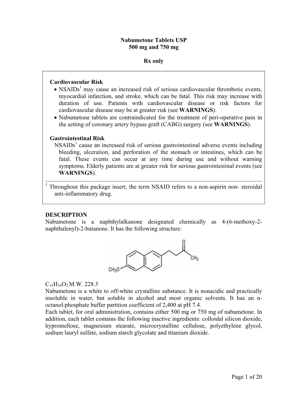 Of 20 Nabumetone Tablets USP 500 Mg and 750 Mg Rx Only