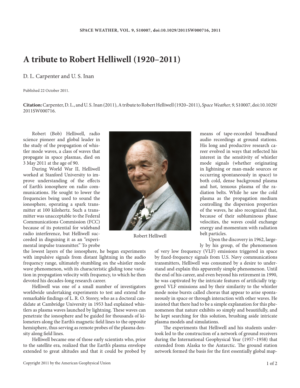 A Tribute to Robert Helliwell (1920–2011)