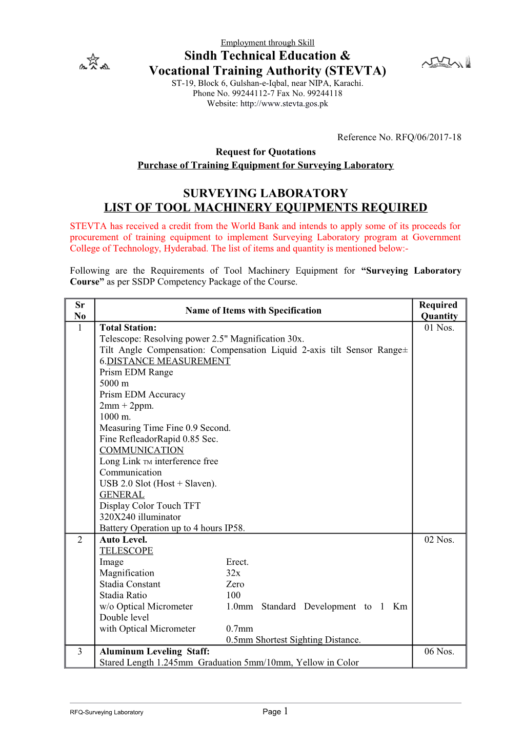 Purchase of Training Equipment for Surveying Laboratory