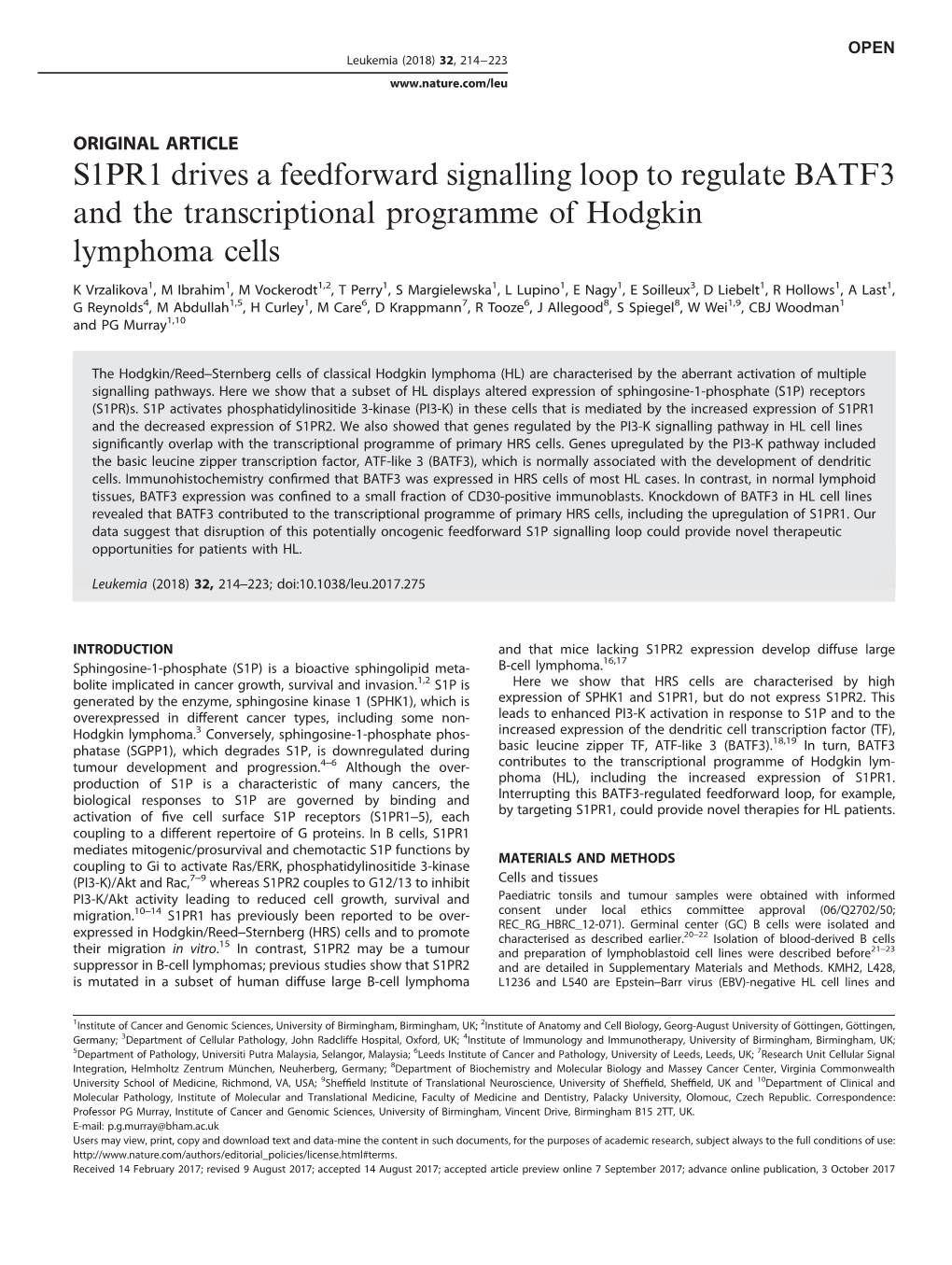 S1PR1 Drives a Feedforward Signalling Loop to Regulate BATF3 and the Transcriptional Programme of Hodgkin Lymphoma Cells