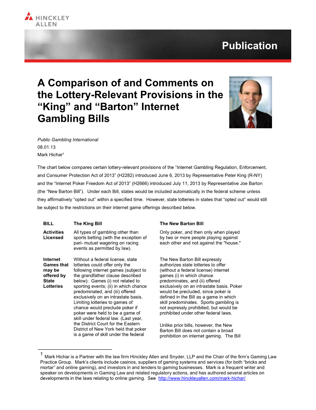 A Comparison of and Comments on the Lottery-Relevant Provisions in the “King” and “Barton” Internet Gambling Bills