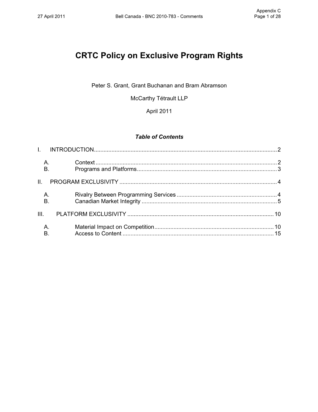 CRTC Policy on Exclusive Program Rights