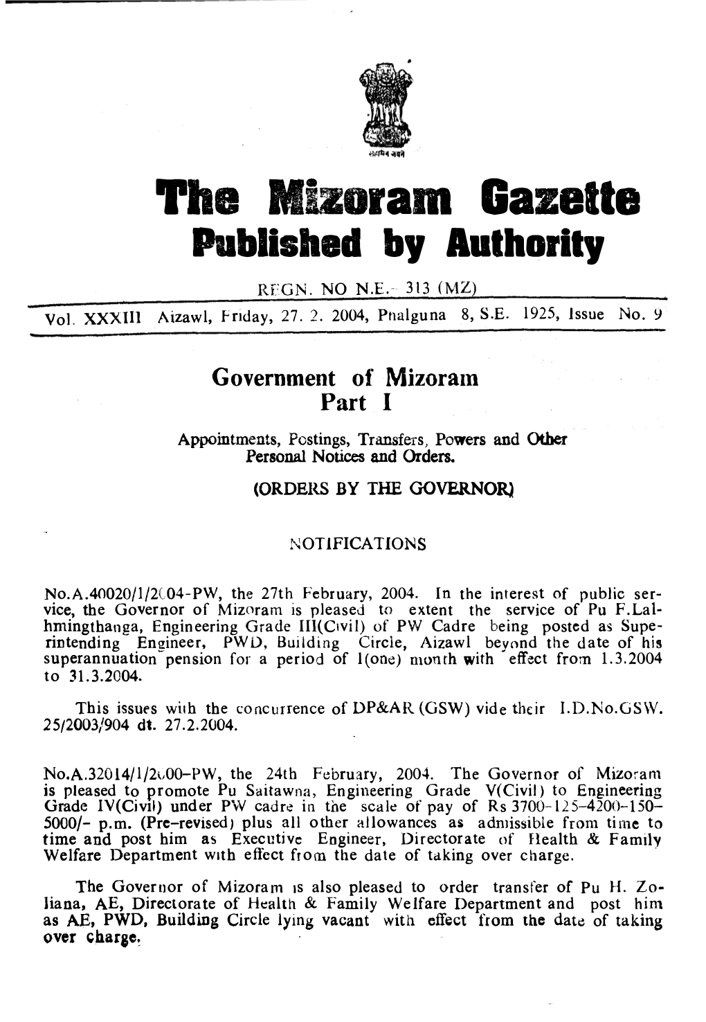 Ha Mizoram Gazelte Published by Authority