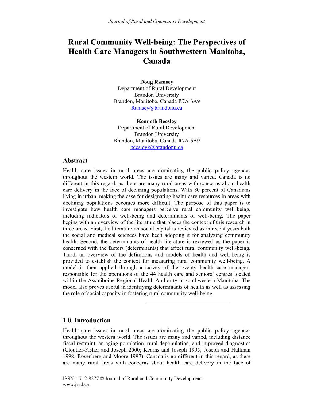 Rural Community Well-Being: the Perspectives of Health Care Managers in Southwestern Manitoba, Canada