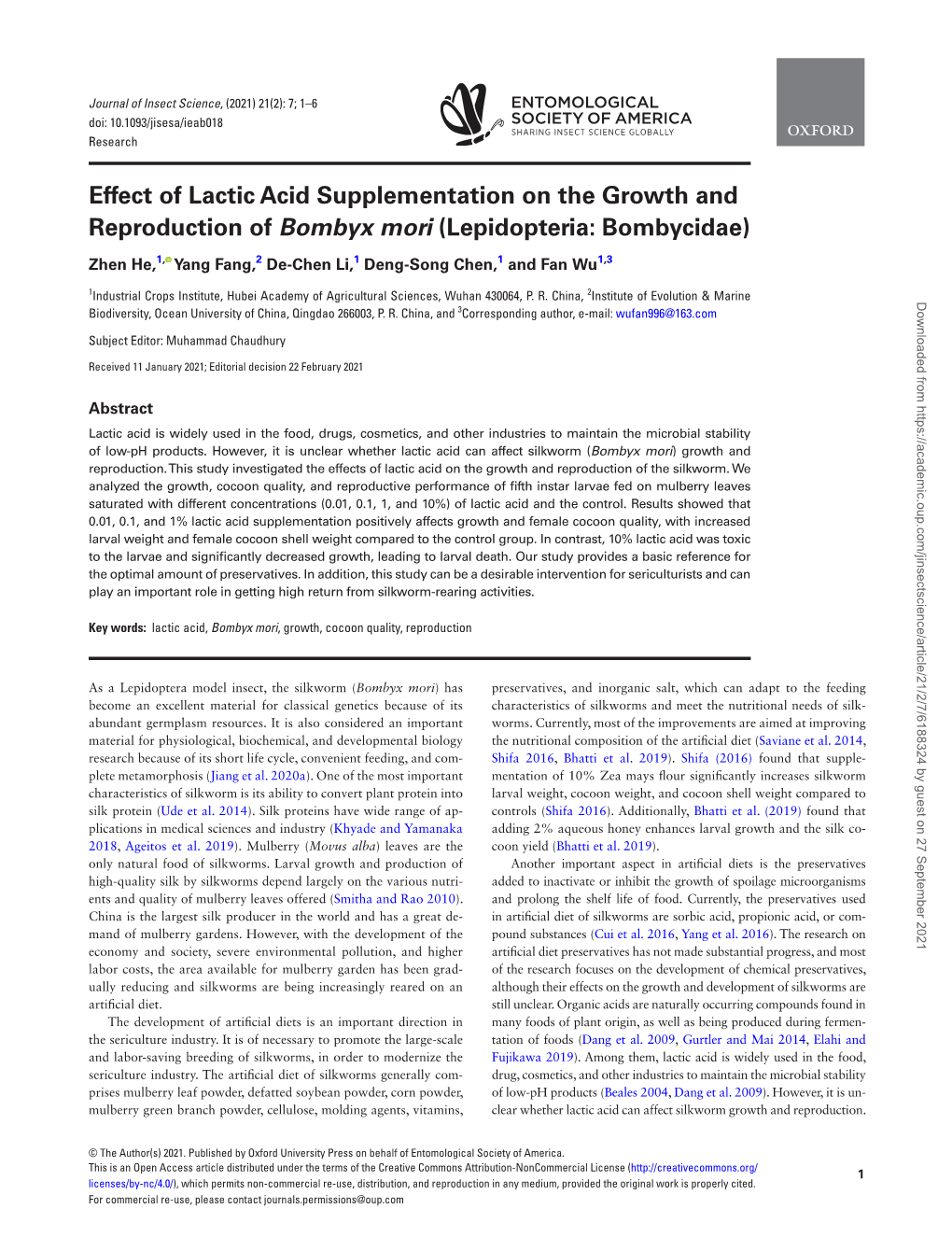 Effect of Lactic Acid Supplementation on the Growth and Reproduction of Bombyx Mori (Lepidopteria: Bombycidae)