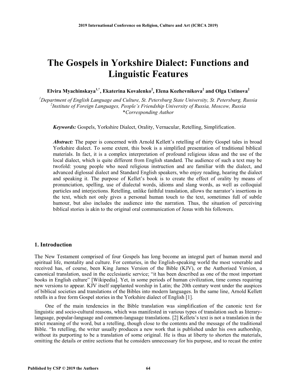 The Gospels in Yorkshire Dialect: Functions and Linguistic Features