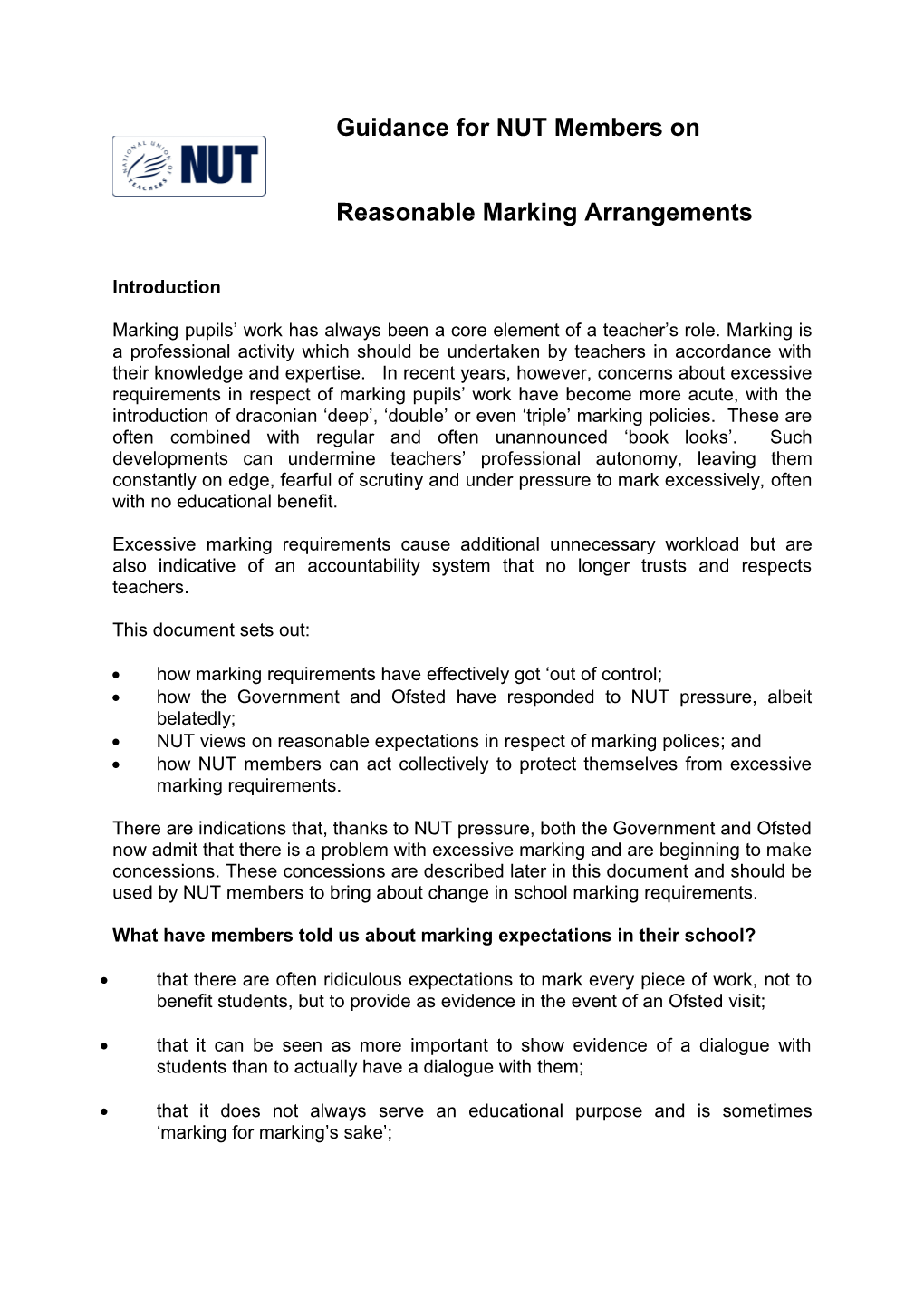 Guidance for NUT Members on Reasonable Marking Arrangements