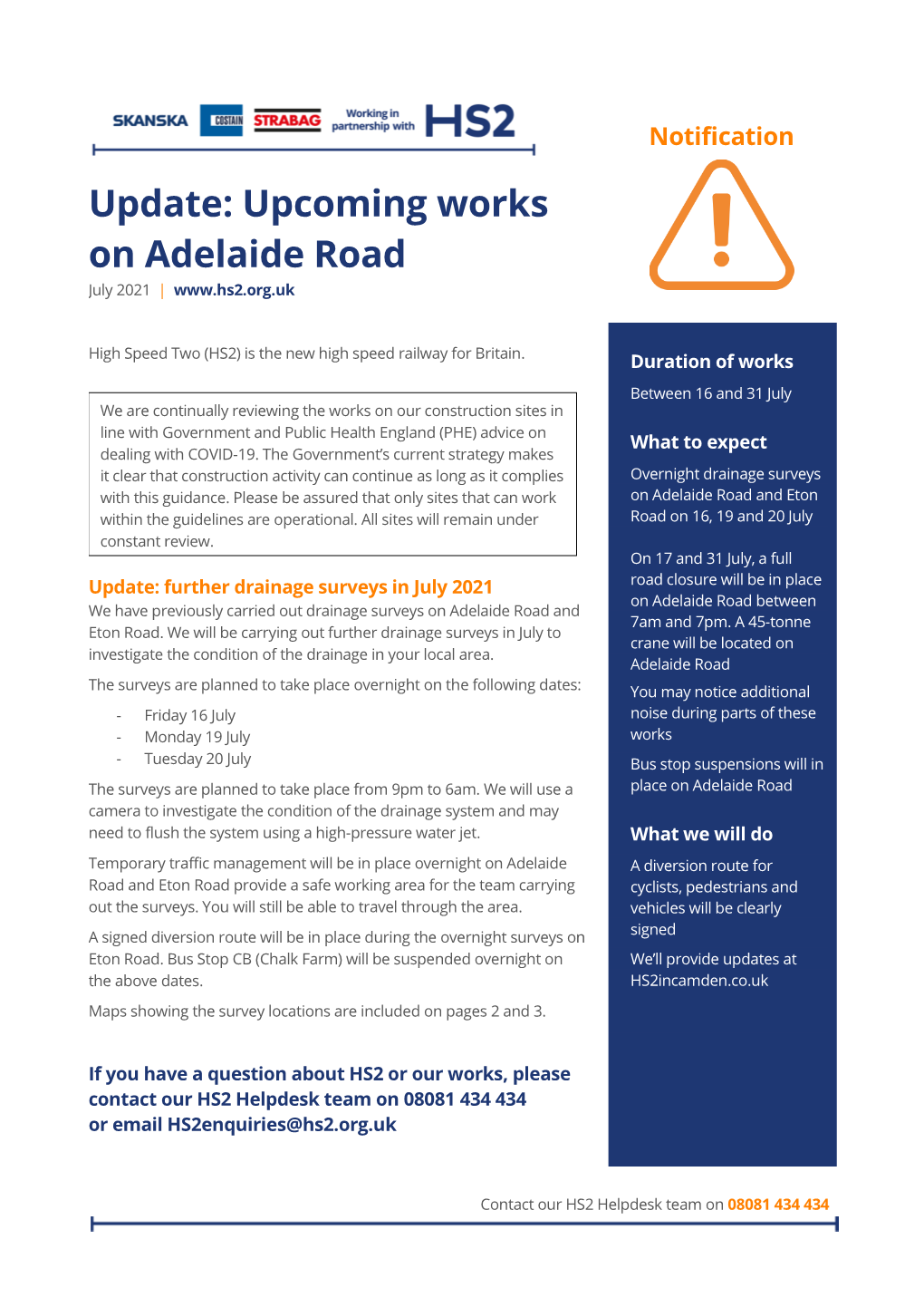 Upcoming Works on Adelaide Road July 2021 |