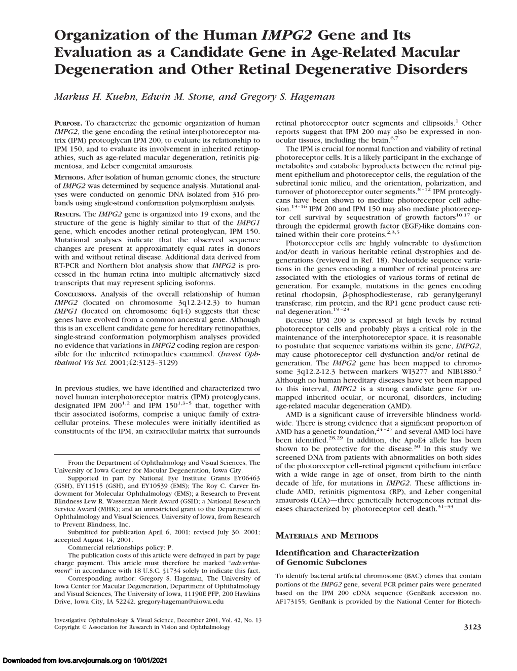 Organization of the Human IMPG2 Gene and Its Evaluation As a Candidate Gene in Age-Related Macular Degeneration and Other Retinal Degenerative Disorders