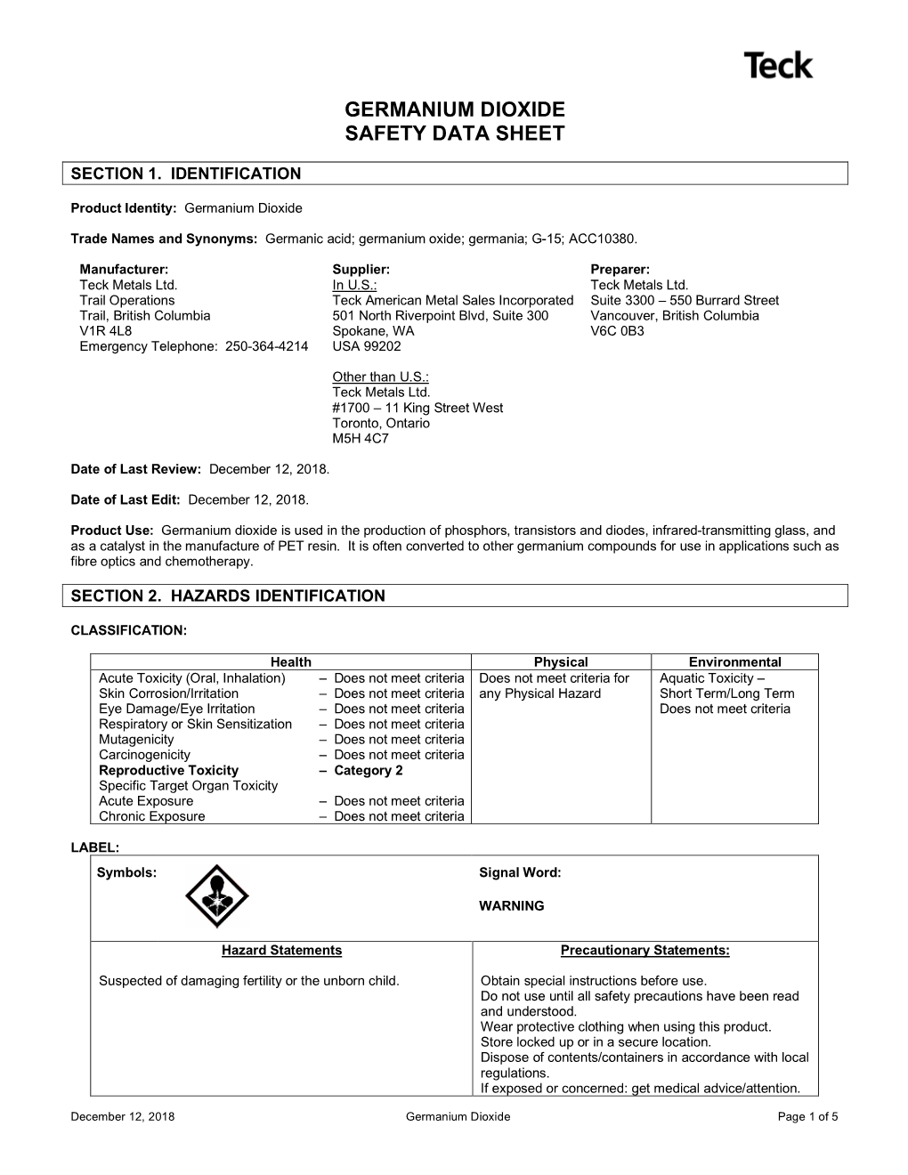 Germanium Dioxide Safety Data Sheet