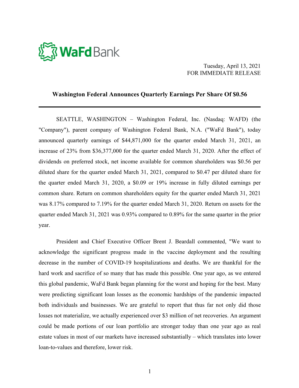 Washington Federal Announces Quarterly Earnings Per Share of $0.56