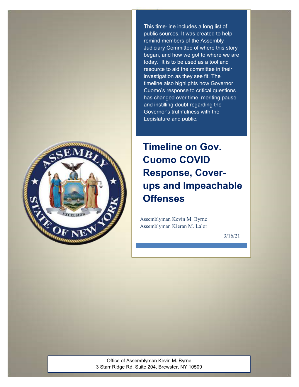 Timeline on Gov. Cuomo COVID Response, Cover- Ups and Impeachable Offenses