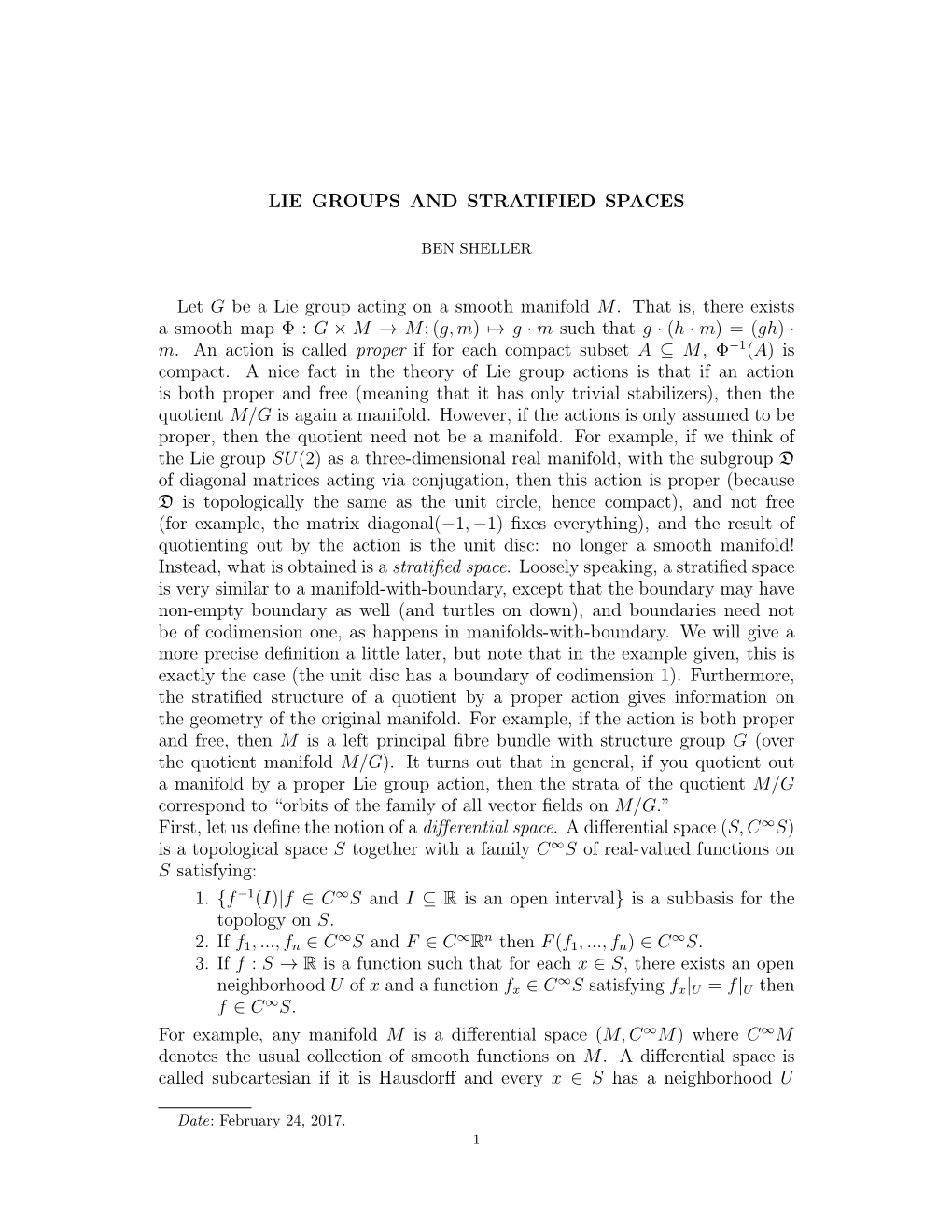 LIE GROUPS and STRATIFIED SPACES Let G Be a Lie Group