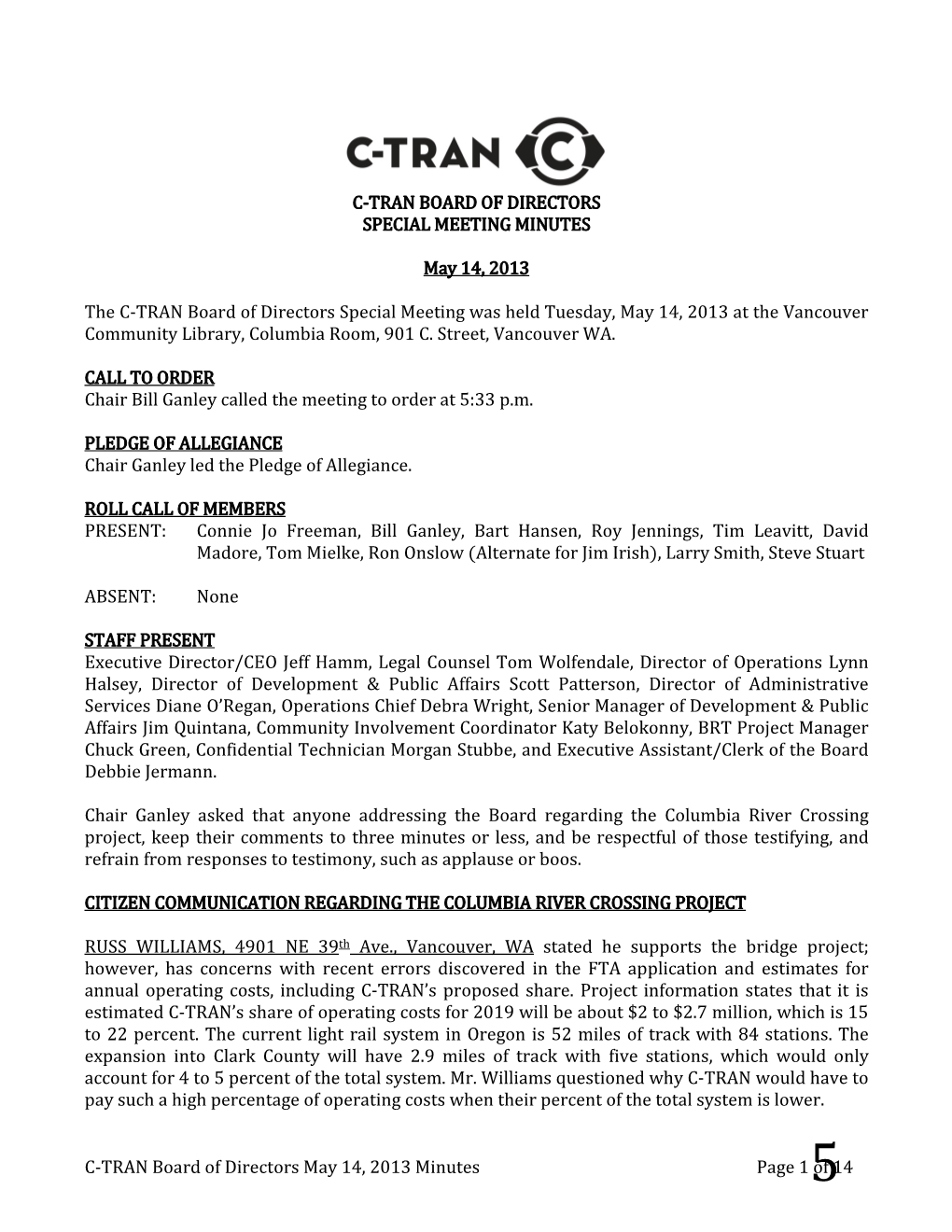 C-TRAN Board of Directors May 14, 2013 Minutes Page 1 of 14 C-TRAN