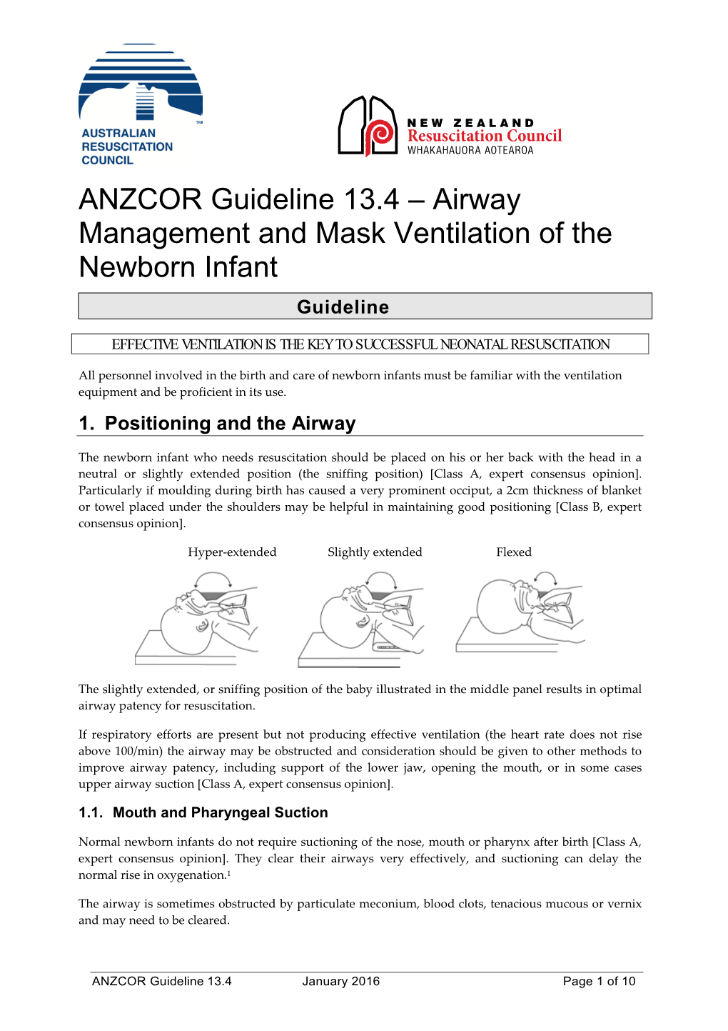ANZCOR Guideline 13.4 – Airway Management and Mask Ventilation of the Newborn Infant