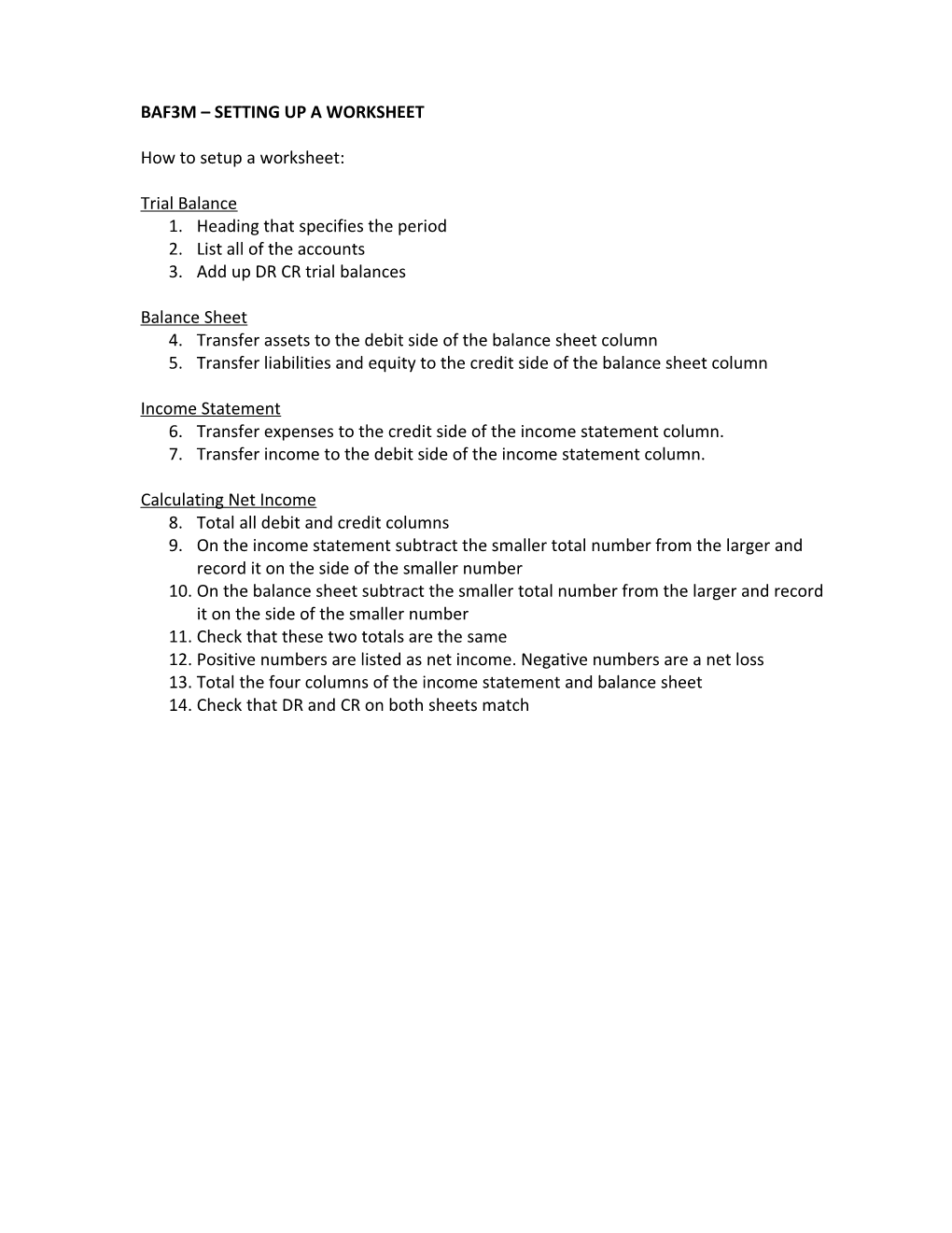 Baf3m Setting up a Worksheet