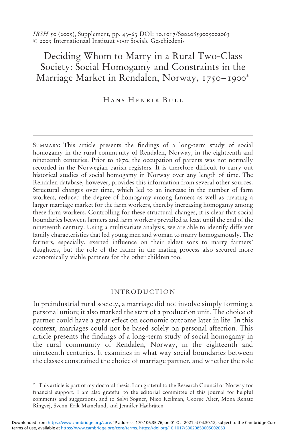 Social Homogamy and Constraints in the Marriage Market in Rendalen, Norway, 1750–1900