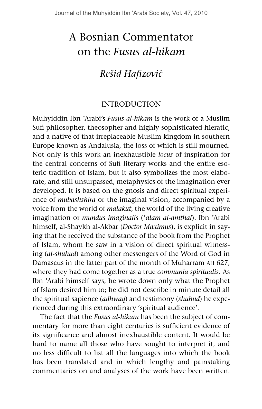 A Bosnian Commentator on the Fusus Al-Hikam [.Pdf]