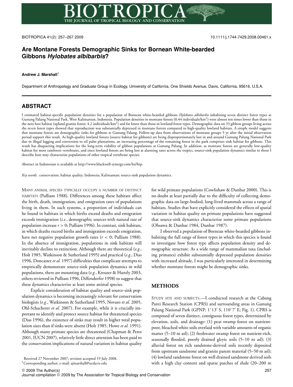 Are Montane Forests Demographic Sinks for Bornean White-Bearded Gibbons Hylobates Albibarbis?