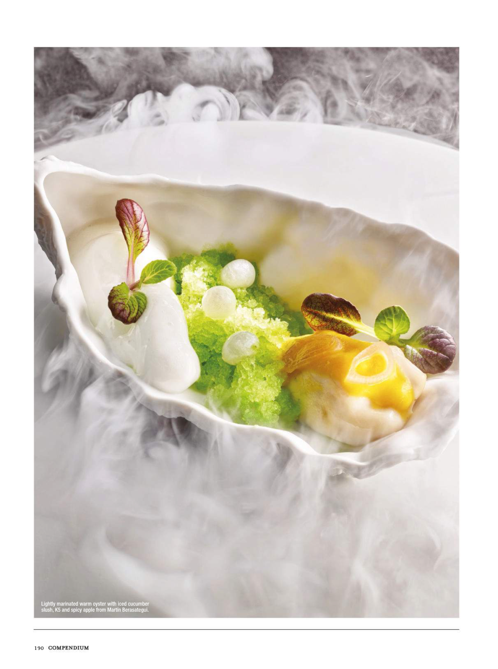 Lightly Marinated Warm Oyster with Iced Cucumber Slush, K5 and Spicy Apple from Martín Berasategui