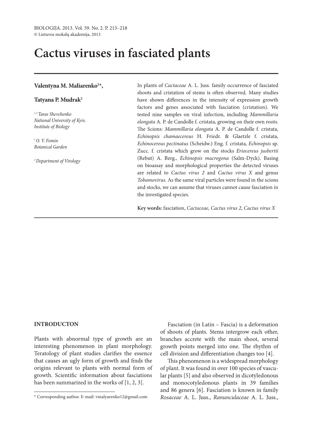 Cactus Viruses in Fasciated Plants