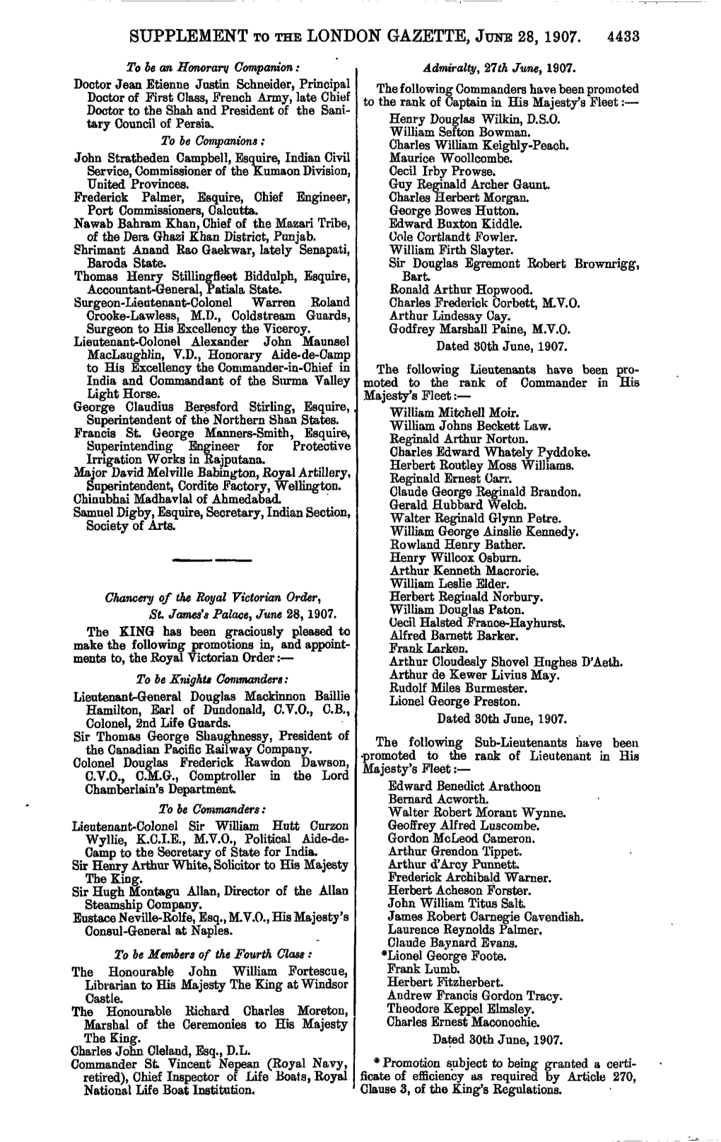 Supplement to the London Gazette, June 28, 1907. 4433