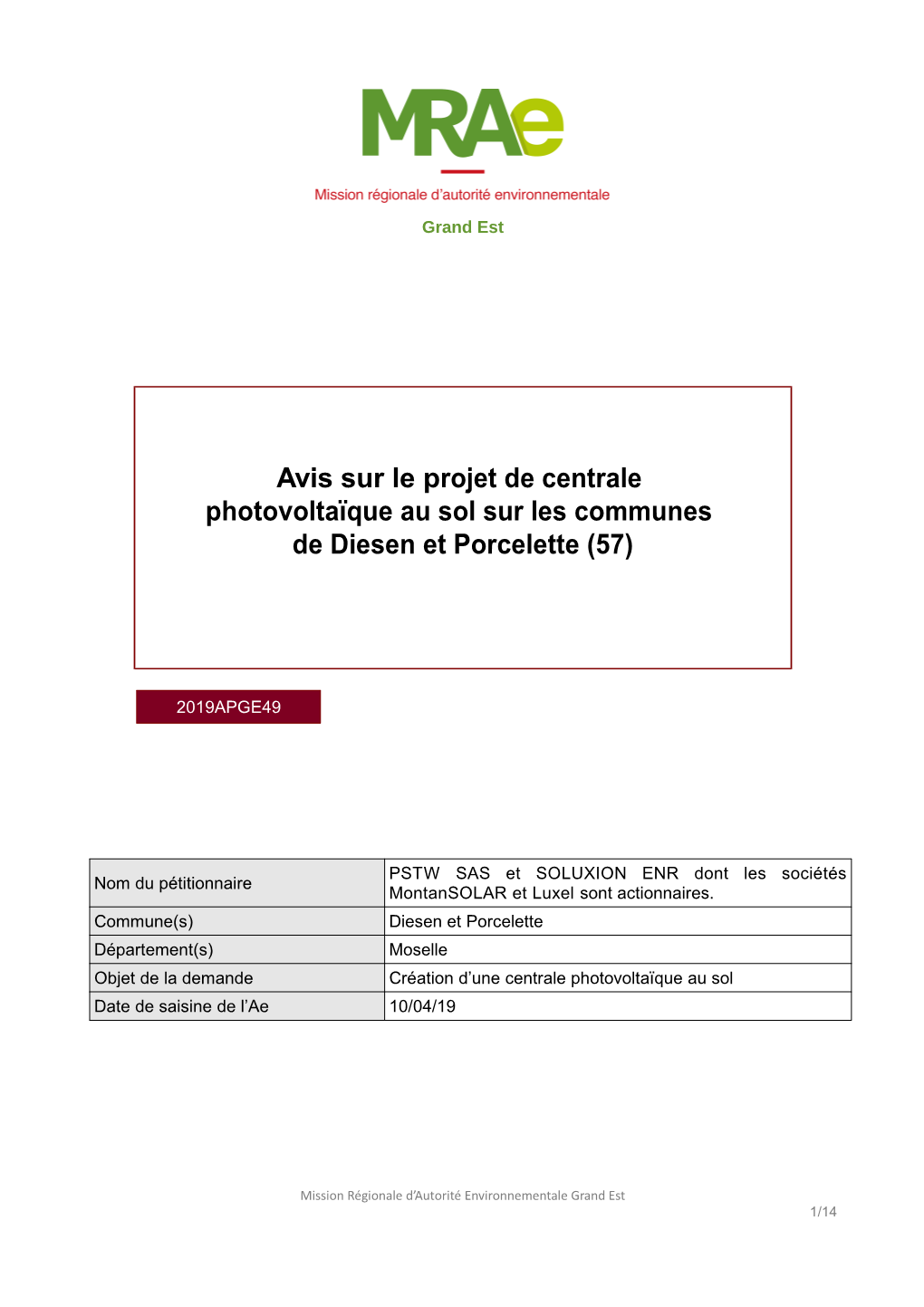 Avis Sur Le Projet De Centrale Photovoltaïque Au Sol Sur Les Communes De Diesen Et Porcelette (57)