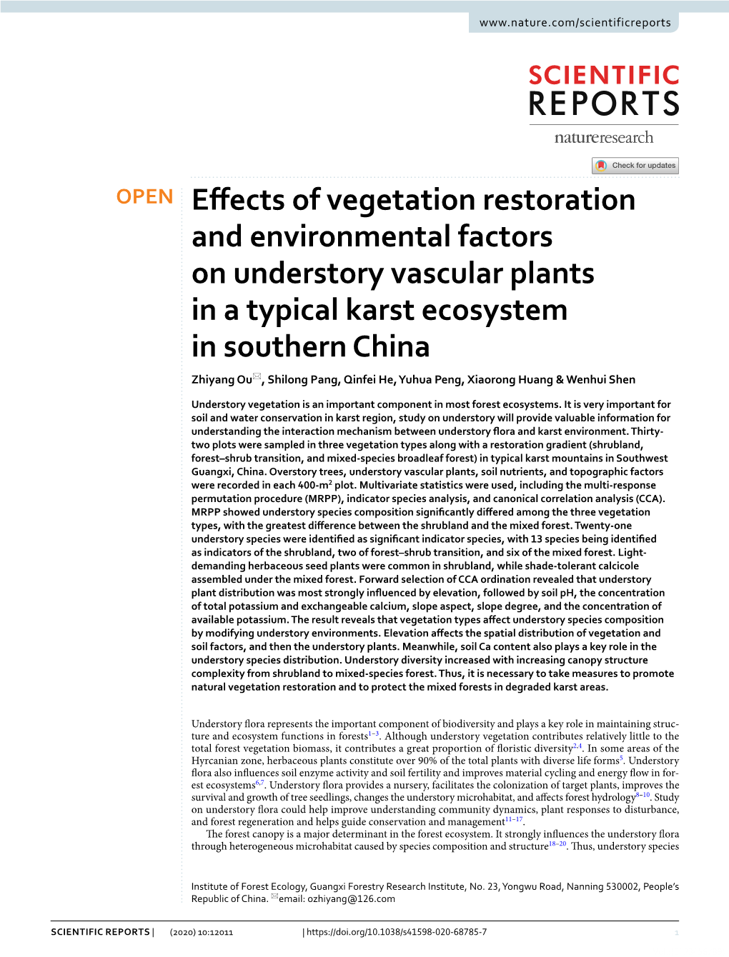 Effects of Vegetation Restoration and Environmental Factors on Understory Vascular Plants in a Typical Karst Ecosystem in Southe