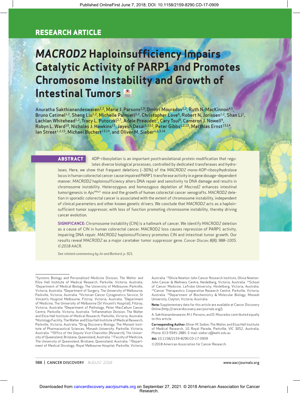 MACROD2 Haploinsufficiency Impairs Catalytic Activity of PARP1 and Promotes Chromosome Instability and Growth of Intestinal Tumors