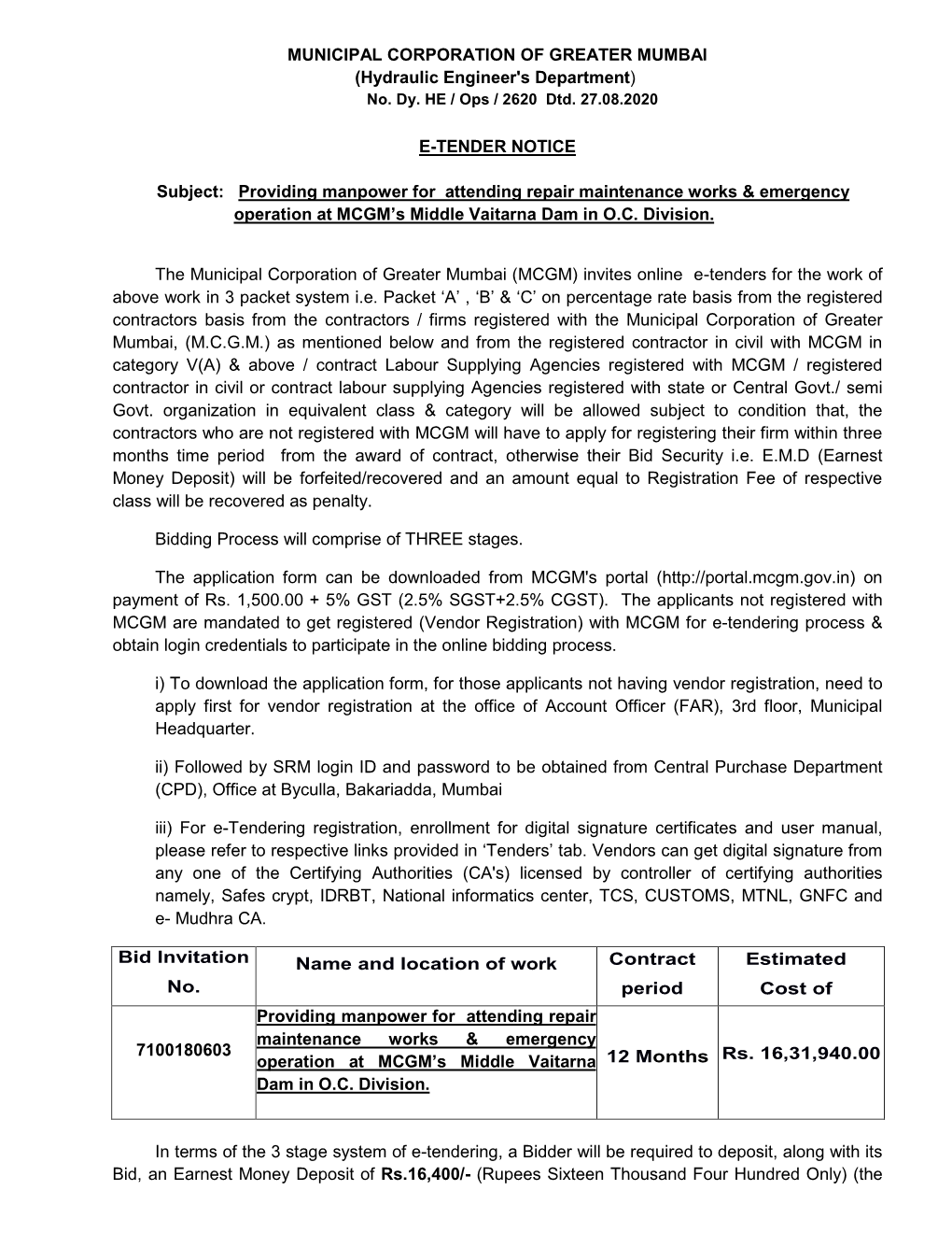 E-TENDER NOTICE Providing Manpower For