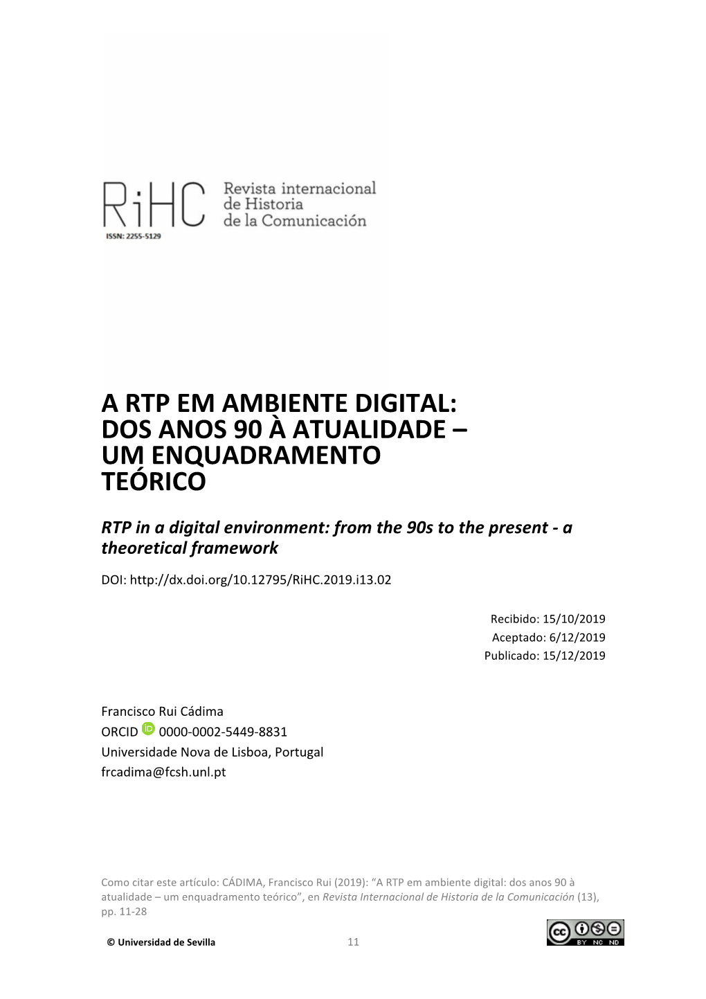 A Rtp Em Ambiente Digital: Dos Anos 90 À Atualidade – Um Enquadramento Teórico
