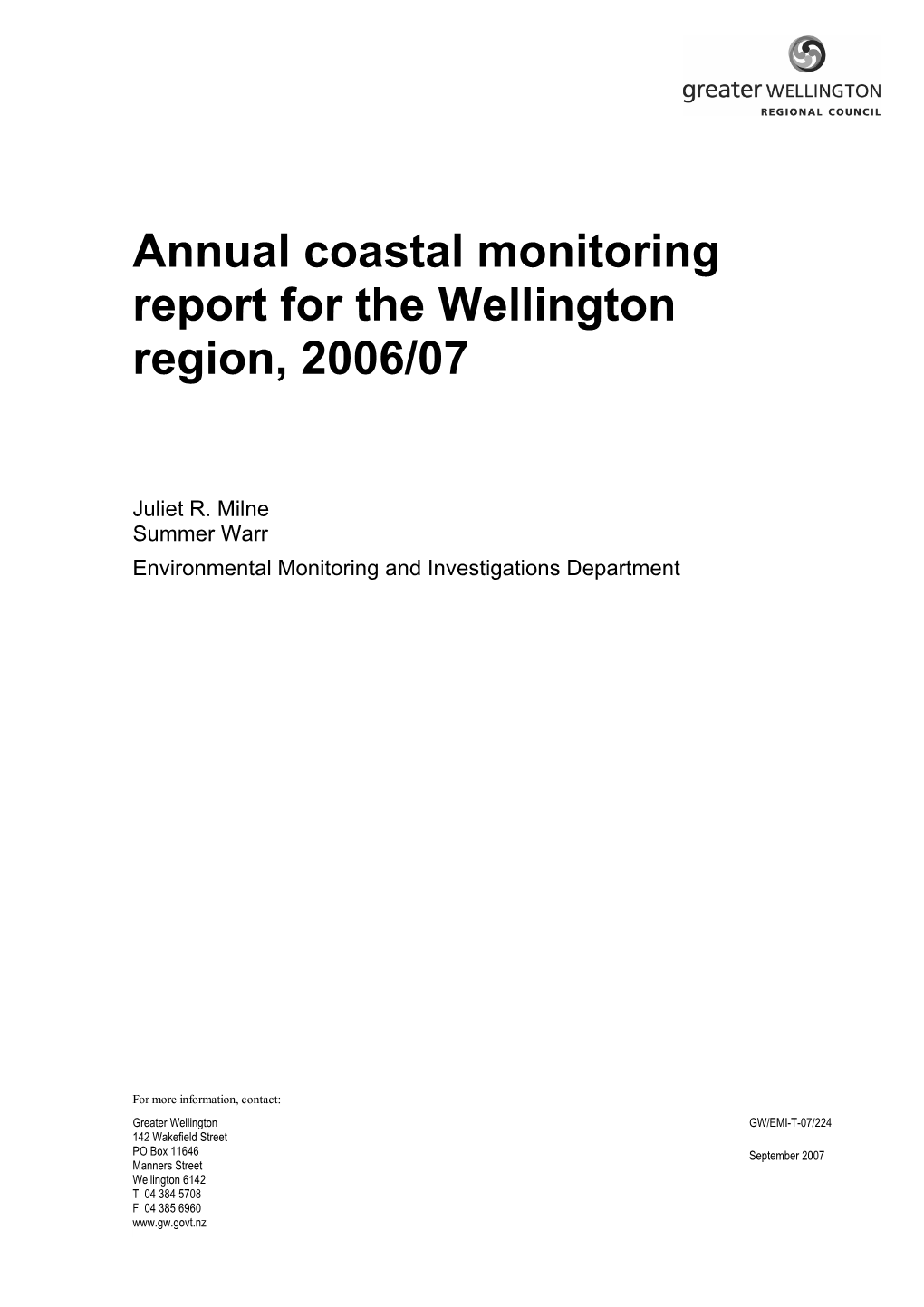 Annual Coastal Monitoring Report for the Wellington Region, 2006/07