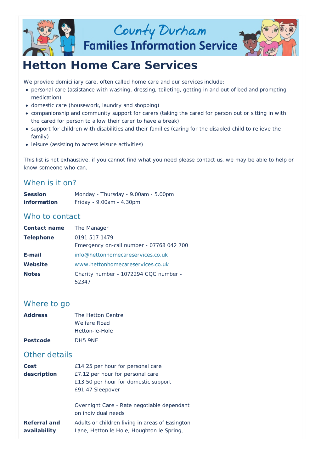 County Durham's Families Information Service | Hetton Home Care Services