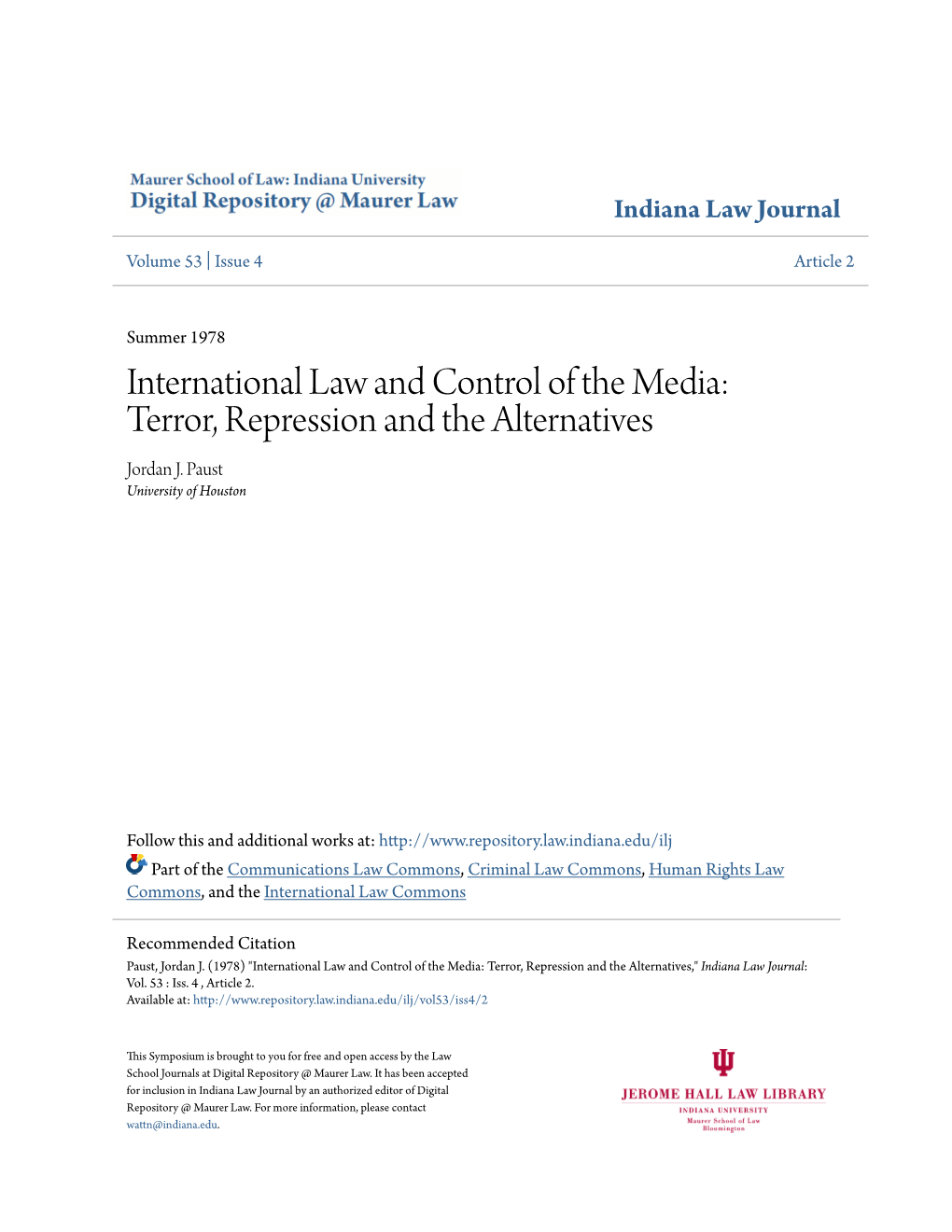 International Law and Control of the Media: Terror, Repression and the Alternatives Jordan J