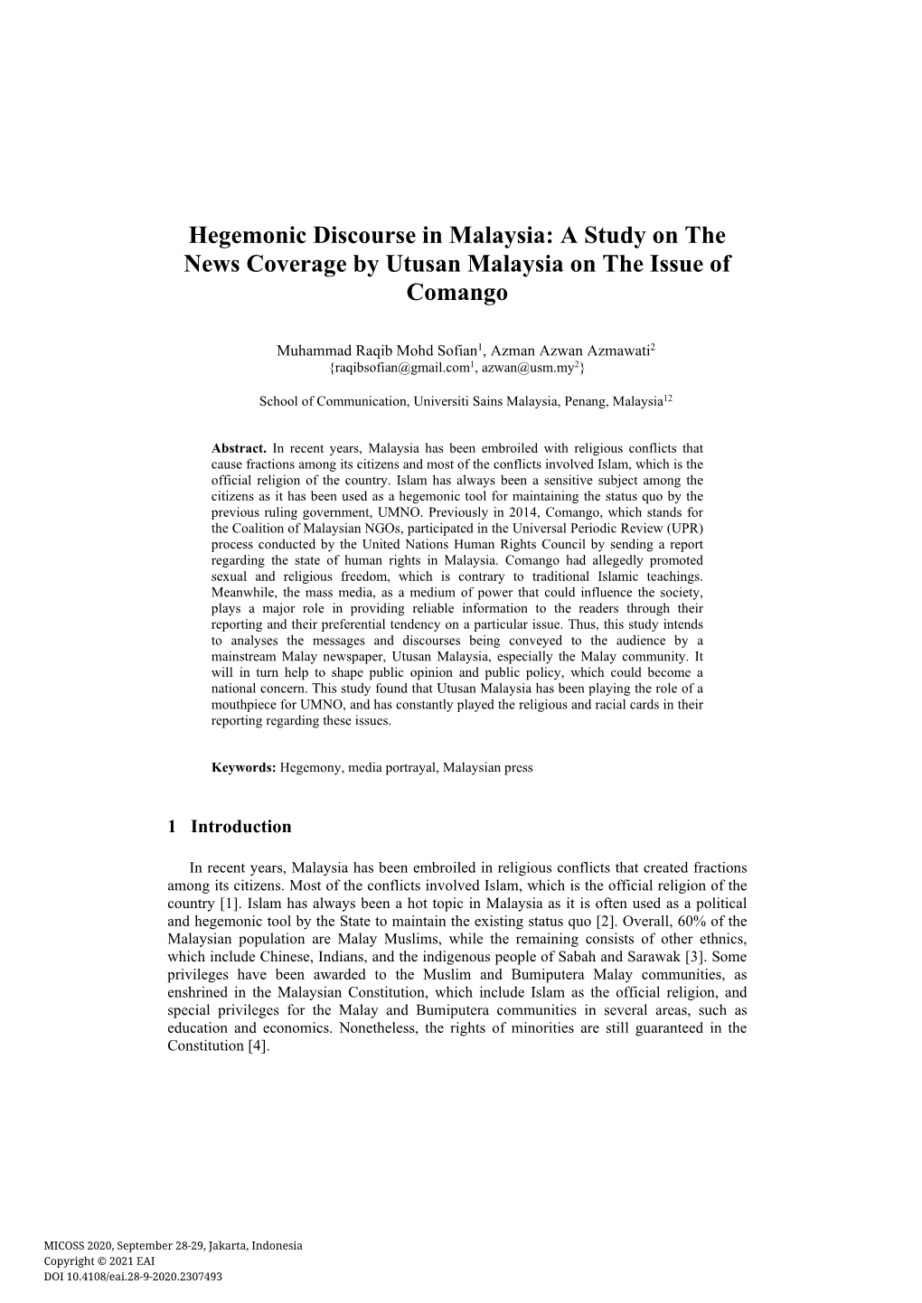 Hegemonic Discourse in Malaysia: a Study on the News Coverage by Utusan Malaysia on the Issue of Comango