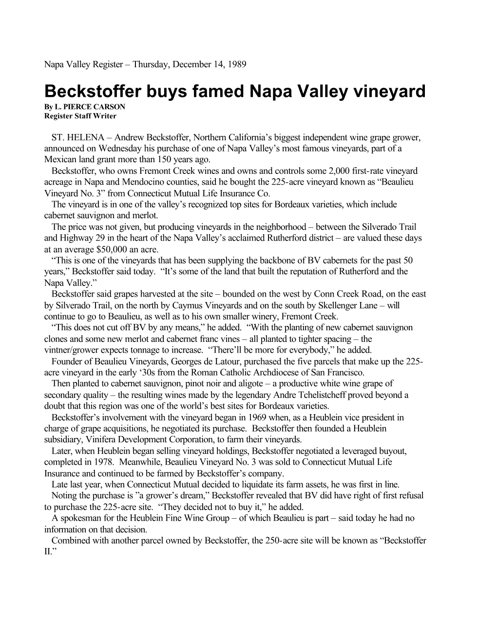 Beckstoffer Buys Famed Napa Valley Vineyard by L