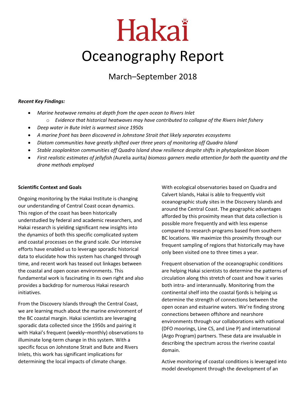 Oceanography Report March–September 2018