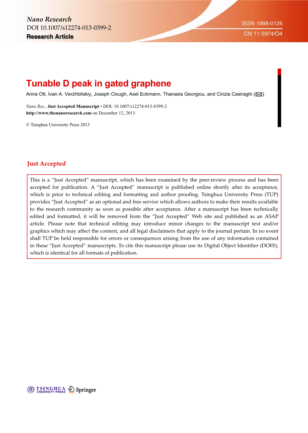 Tunable D Peak in Gated Graphene Anna Ott, Ivan A