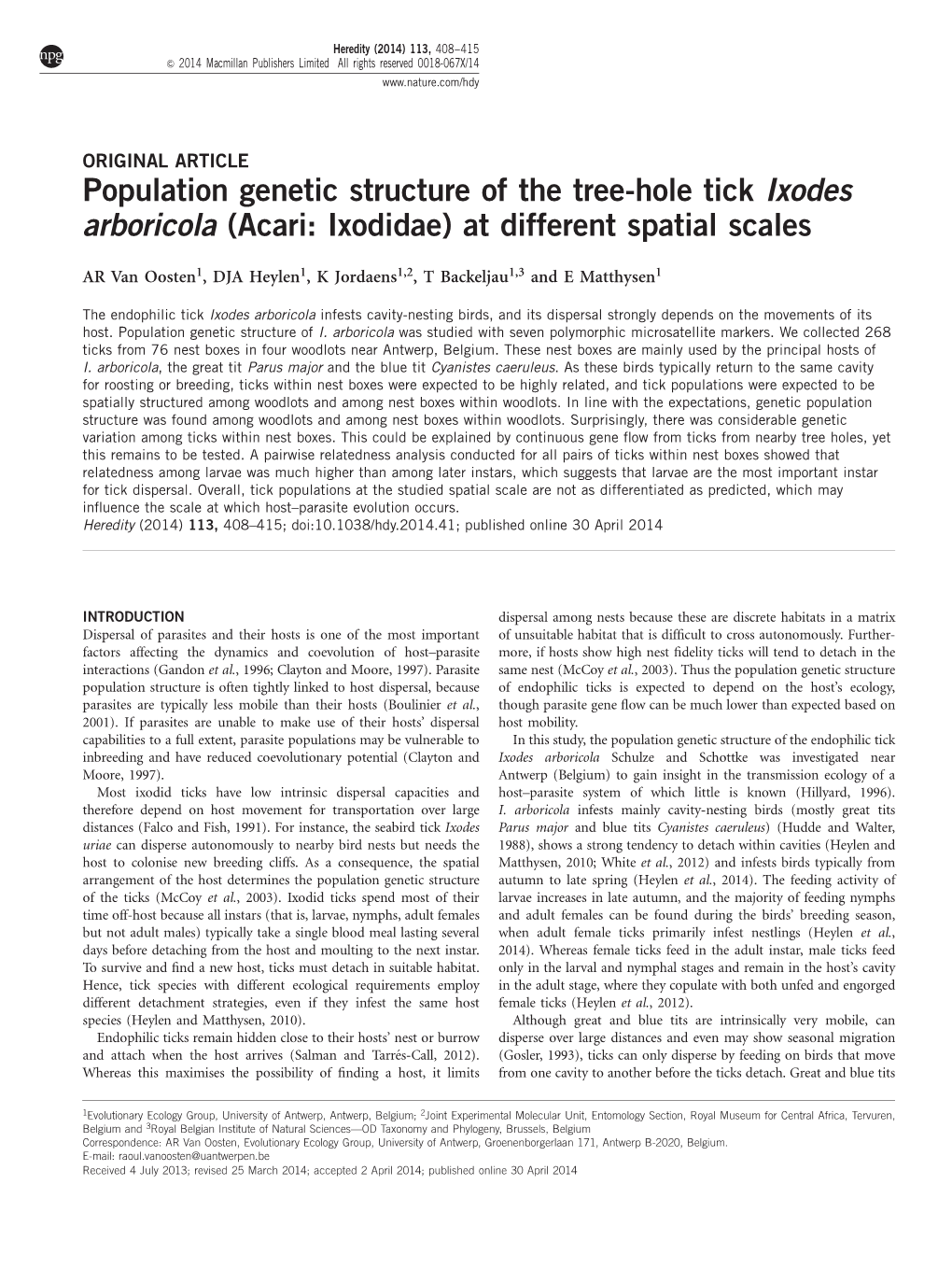 Population Genetic Structure of the Tree-Hole Tick Ixodes Arboricola (Acari: Ixodidae) at Different Spatial Scales