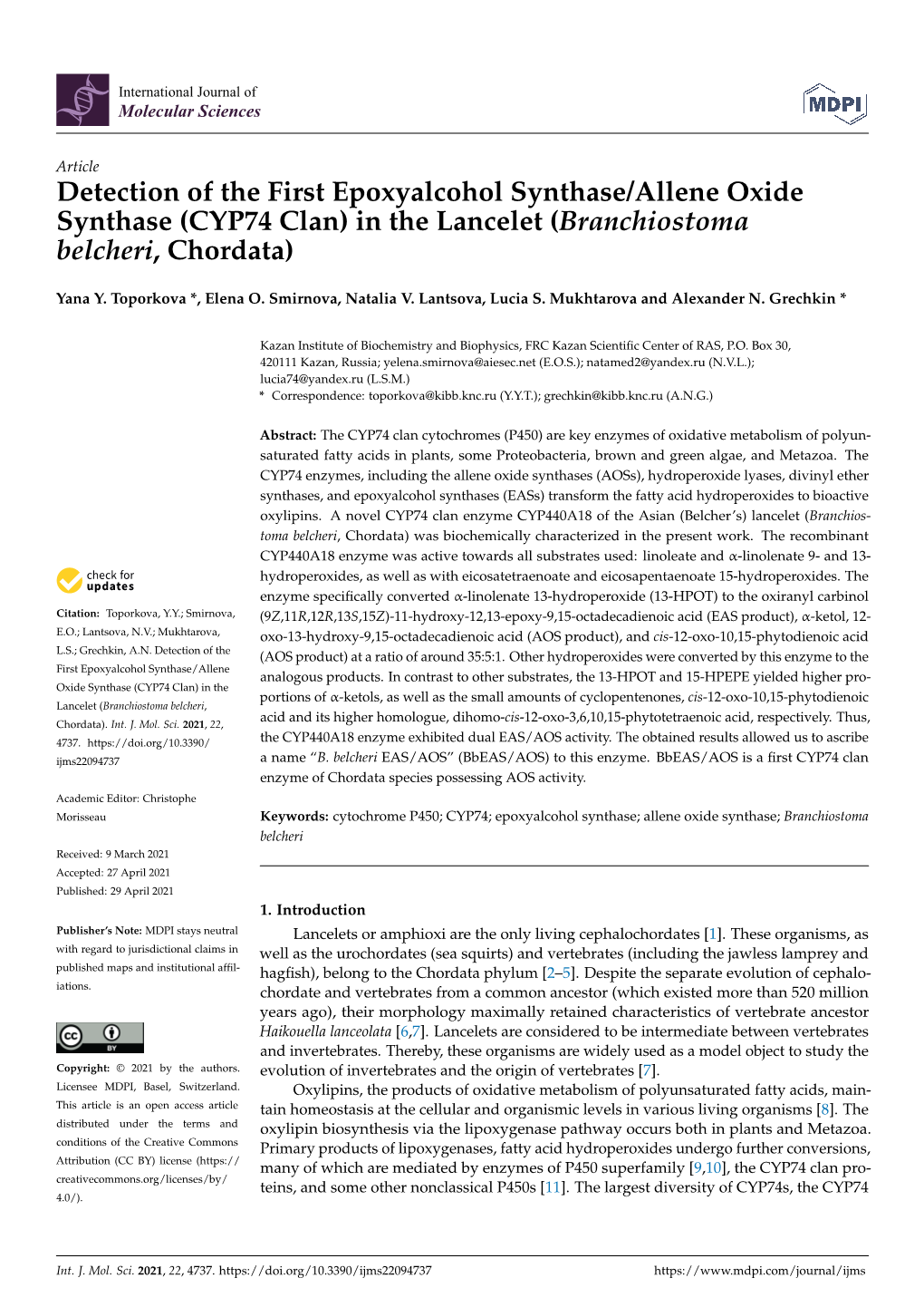 CYP74 Clan) in the Lancelet (Branchiostoma Belcheri, Chordata