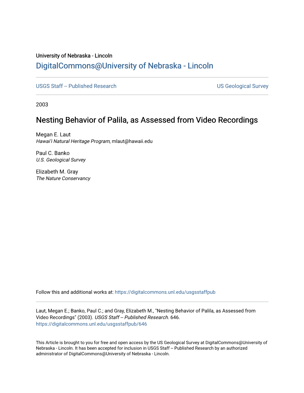 Nesting Behavior of Palila, As Assessed from Video Recordings