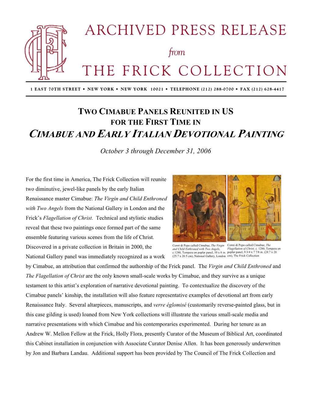 ARCHIVED PRESS RELEASE from the FRICK COLLECTION