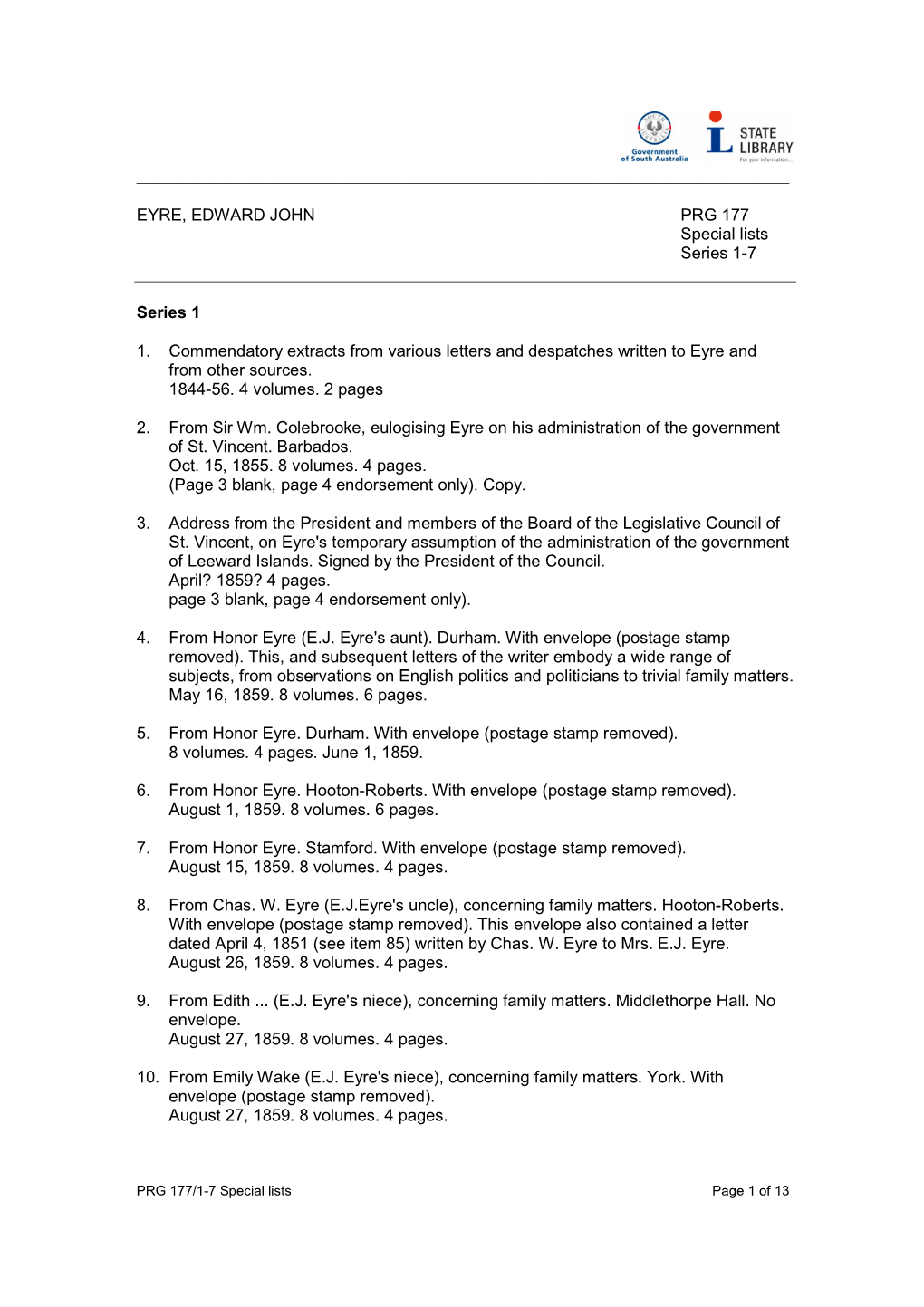 EYRE, EDWARD JOHN PRG 177 Special Lists Series 1-7 Series 1 1