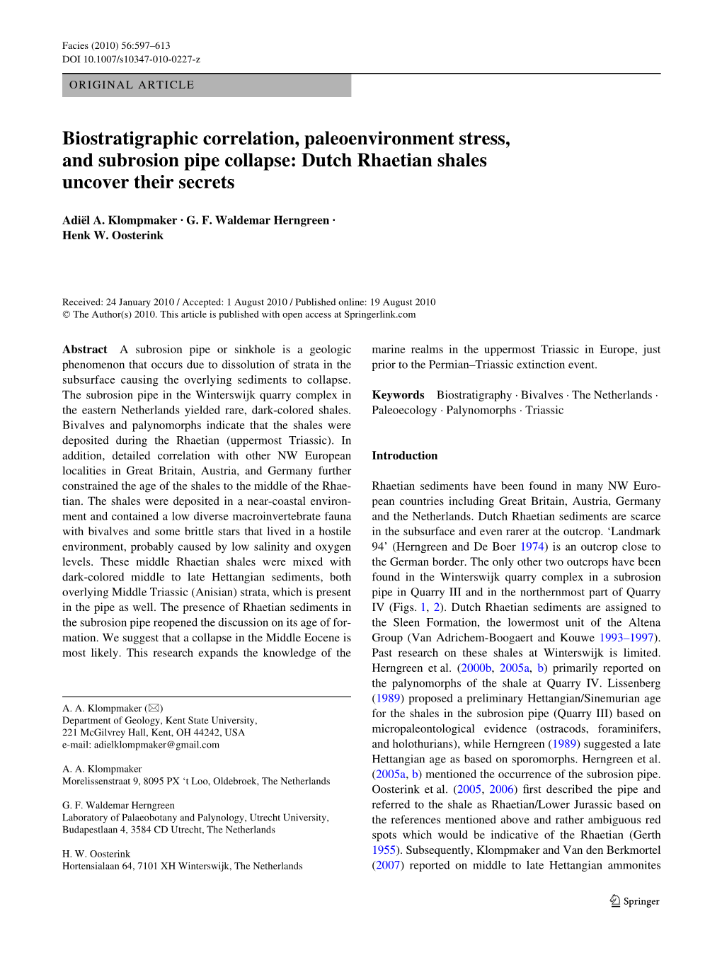 Biostratigraphic Correlation, Paleoenvironment Stress, and Subrosion Pipe Collapse: Dutch Rhaetian Shales Uncover Their Secrets