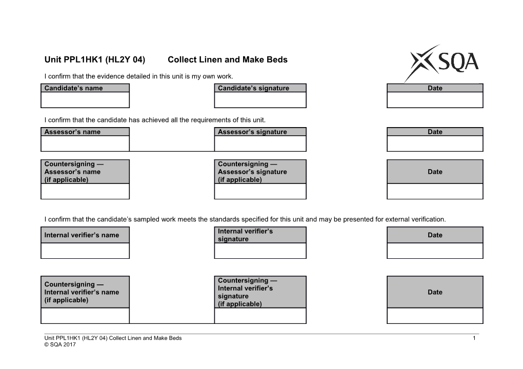 Unit PPL1HK1 (HL2Y 04) Collect Linen and Make Beds