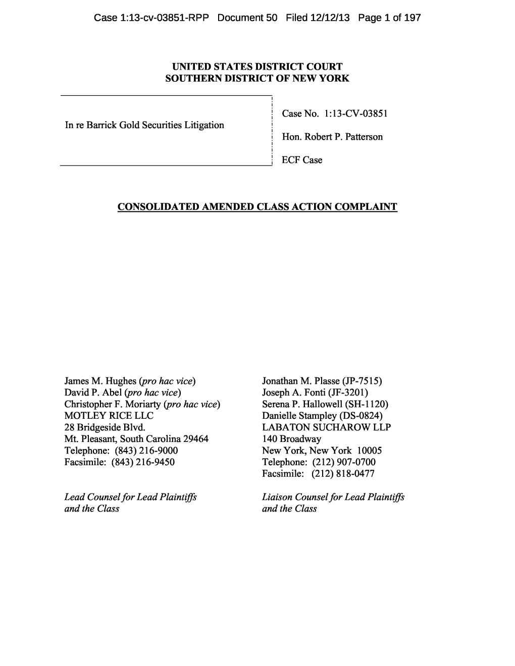 In Re Barrick Gold Securities Litigation 13-CV-03851-Consolidated